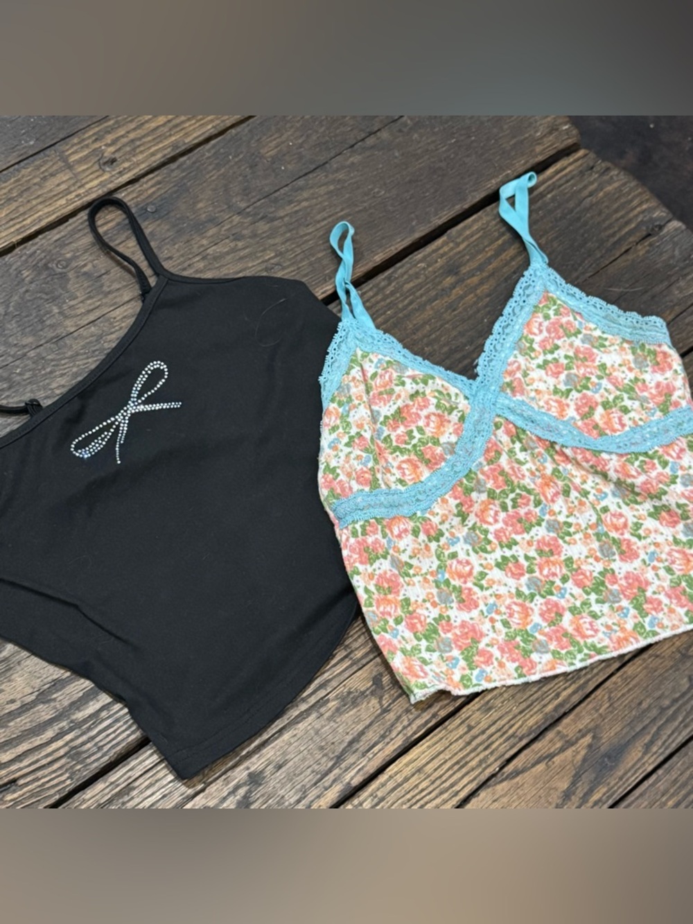Black Bow & Floral Lace Trim Cami Top in Blue and Pink Size Small - Bundle